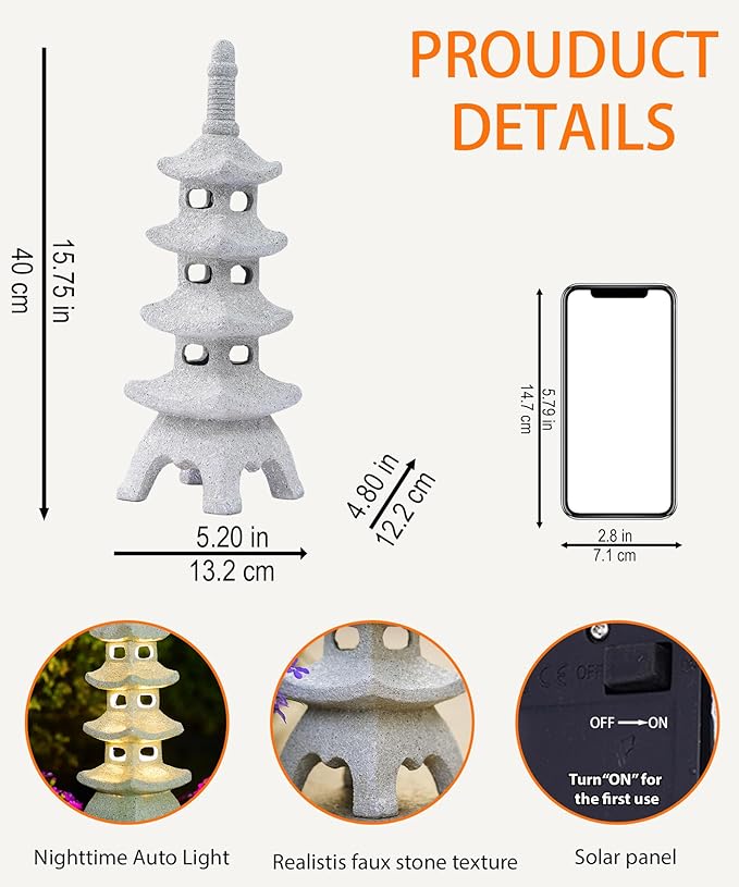 Nacome Solar Pagoda Garden Statues: 15.7 inches Multi-Layer Outdoor Waterproof Resin Zen Decor for Landscape Balcony Patio Porch Yard Ornament(Gray)