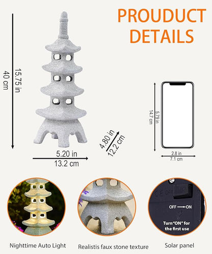 Nacome Solar Pagoda Garden Statues: 15.7 inches Multi-Layer Outdoor Waterproof Resin Zen Decor for Landscape Balcony Patio Porch Yard Ornament(Gray)