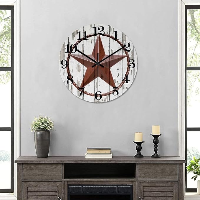 15 Inch Decorative Wall Clock Western Texas Star Country Farmhouse Wood Clock Silent Non-Ticking Battery Operated Classic Wooden Desk Clock for Home School Living Room Decoration Home Accent