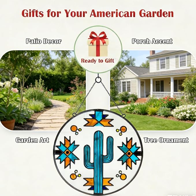 8" Sun Catcher Stained Glass Stained Glass Window hangings - Saguaro Cactus Navajo Geometric Design - Southwest Desert Style Decor for Home & Porch