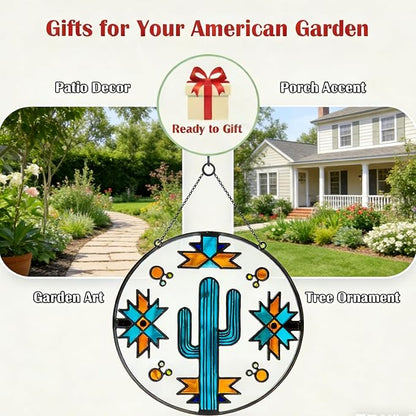 8" Sun Catcher Stained Glass Stained Glass Window hangings - Saguaro Cactus Navajo Geometric Design - Southwest Desert Style Decor for Home & Porch