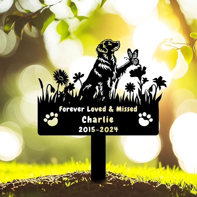 Custom Golden Retriever Dog Memorial Grave Marker,Personalized Metal Flora Dog Memorial Stake,Dog Memorial Plaque Burial Stake Engraved Sign,Sympathy Grave Stake for Lost Dog,Dog Headstone
