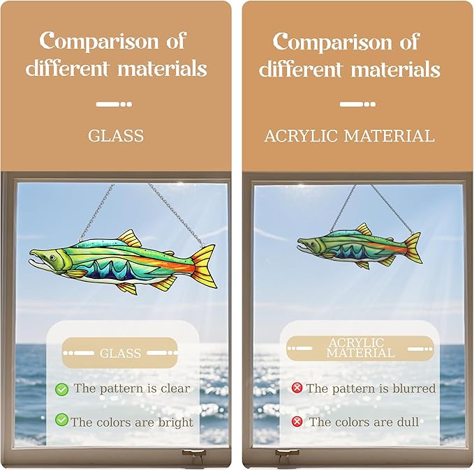 Stained Glass Suncatchers for Windows, Salmon Hanging Sun Catchers Indoor Window, Theme Birthday Gifts for Fishing Lovers