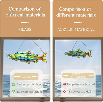 Stained Glass Suncatchers for Windows, Salmon Hanging Sun Catchers Indoor Window, Theme Birthday Gifts for Fishing Lovers