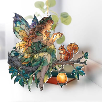 Fairy Ornament Acrylic Suncatcher – Stained Glass Style Fairy Sitting on Branch with Squirrel & Lantern, Fantasy Window Hanging Decor, Enchanted Forest Ornament, for Women (Sun-33)