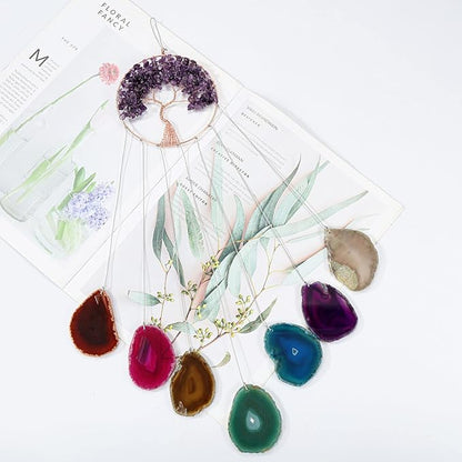 Yoption Amethyst Tree of Life Memorial Wind Chime, Natural Crystal Agate Slices Windchimes for Indoor Outdoor Decoration Ornament, 15.7-17.7 inch