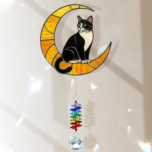 Tuxedo Cat Suncatcher – Black and White Cats Decor Hanging on Moon with Crystal Prism – Tuxedo Cat Gifts for Women, Home or Garden Gift Idea