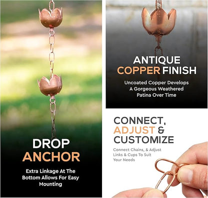 Copper Rain Chain – Decorative Chimes & Cups Replace Gutter Downspout & Divert Water Away from Home for Stunning Fountain Display – 8.5’ Long for Universal Fit – Flower Style