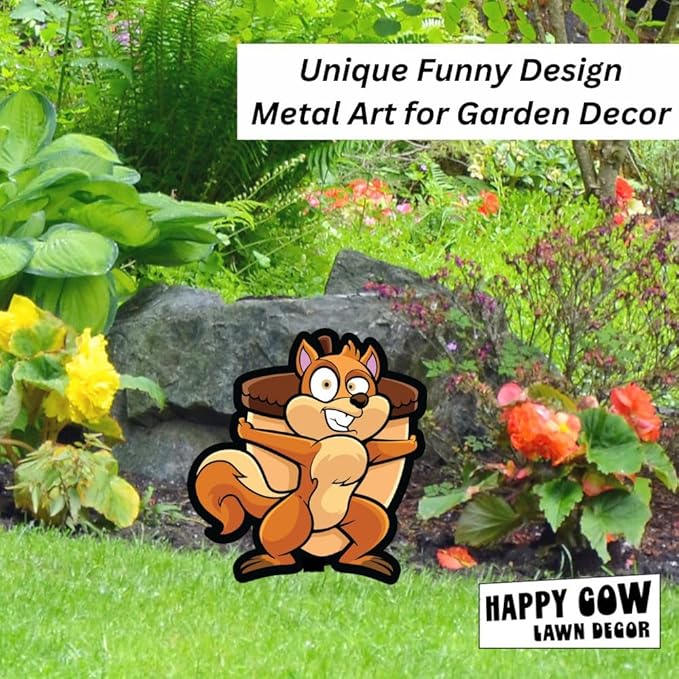 Garden Outdoor Small Metal Art 7"x 6" Weather Resistant Lawn Ornaments Sturdy Stakes Yard Sign Decoration for Patio (Squirrel with Acord)