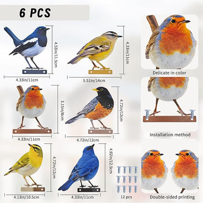 6 pcs Vivid Birds Decoration Metal Birds Fence Decorations Double-Sided Printed Birds Yard Decor Outdoor Bird Wall Decor Suitable for Bird 2D Sculptures Garden and Rustic Garden Decor