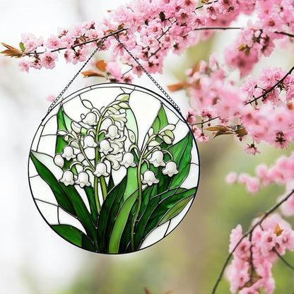 Stained Glass Window Hanging, Spring Lily of The Valley Flower Suncatcher for Window Doors Garden Home Decor, Green Plants Colorful Glass Panel Ornaments for Women,Men,Wife, Lovers, and Mom 7.8 in