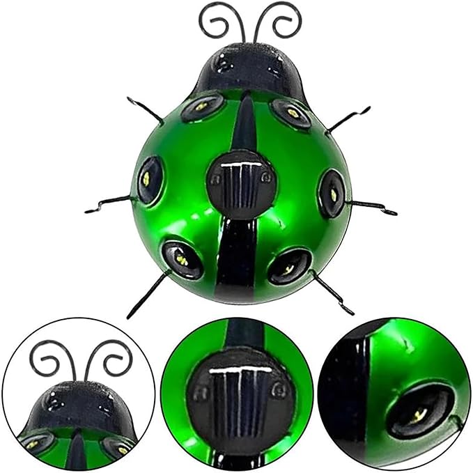 keeda Solar Ladybugs Garden Decor, Waterproof 5.5 Inch Metal Lady Bugs Cute Wall Art LED Garden Light Outside Decor for Porch Lawn Patio Balcony Pathway (Green)