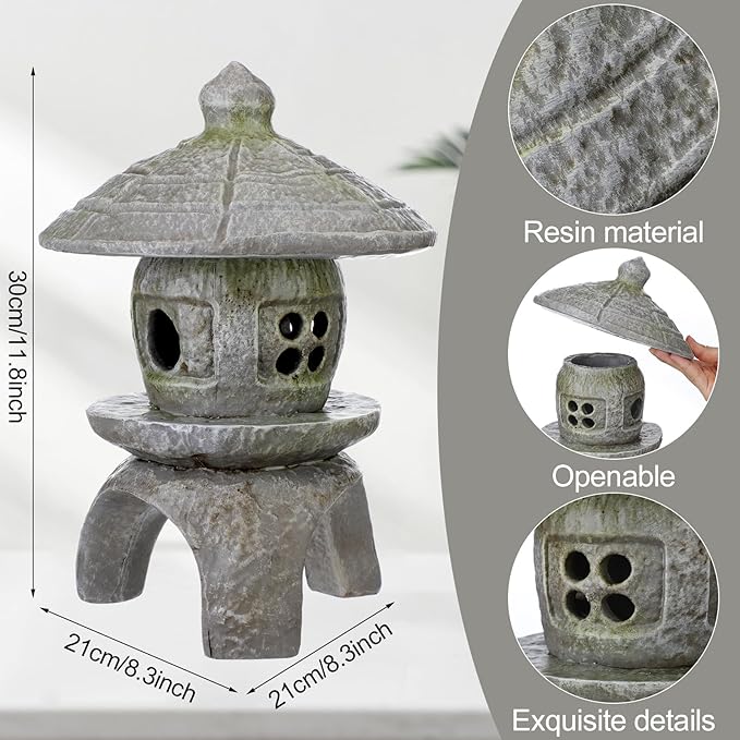 Nuanchu Small Pagoda Statue 12 x 8 Asian Garden Pagoda for Outdoor Zen Decor, Japanese Chinese Concrete Temple Tower Lantern, Marble Tone Aged Miniature Landscape Sculpture for Courtyard
