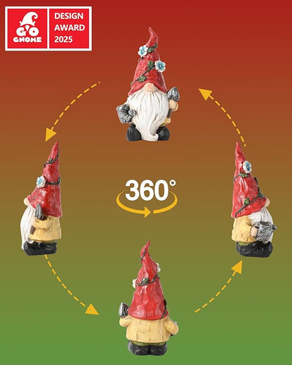 GoGnome Hand-Painted Resin Garden Gnome with Watering can and Shovel Figurine - 6.5" Summer and Spring Decorations for Home and Yard - Ideal Gnome Gifts for Women (Red)
