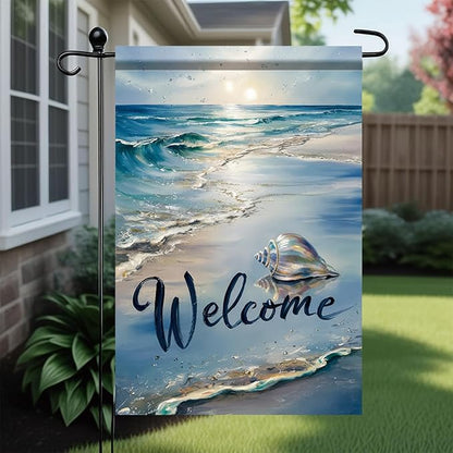 Welcome Summer Coastal Garden Flag Double Sided 12 x 18 Inch Beach Coastal Coral Starfish Shell Sea Horse Yard Outside Decorations Nautical Seasonal Burlap Outdoor Small Home Decor