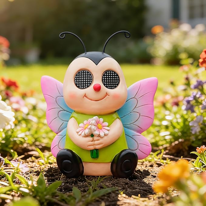 Garden Statues Bee with Solar Moving LED Eyes Outdoor Animal Figurines Decorations for Patio Yard Lawn Ornaments Gifts for Birthday Easter Housewarming (Bee)