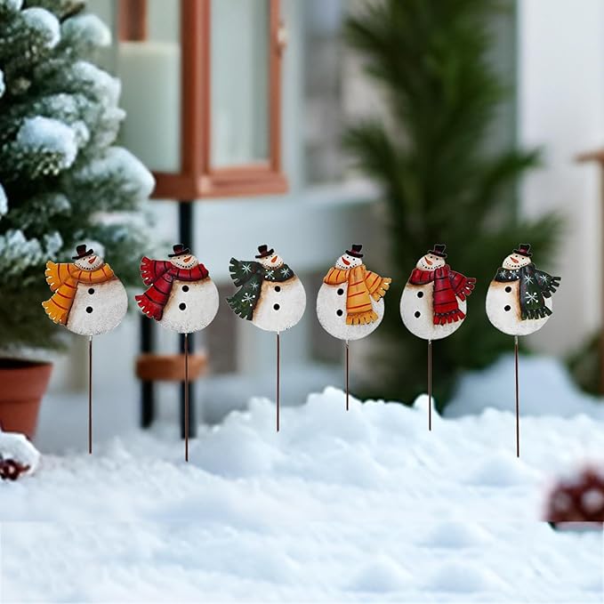 K KILIPES 16" H Snowman Christmas Decorations Outdoor Yard Signs, 6Pcs Rustic Metal Snowman Garden Stake Lawn Ornaments Xmas Yard Decor for Winter Holiday Christmas Outside Yard Lawn Planter Decor
