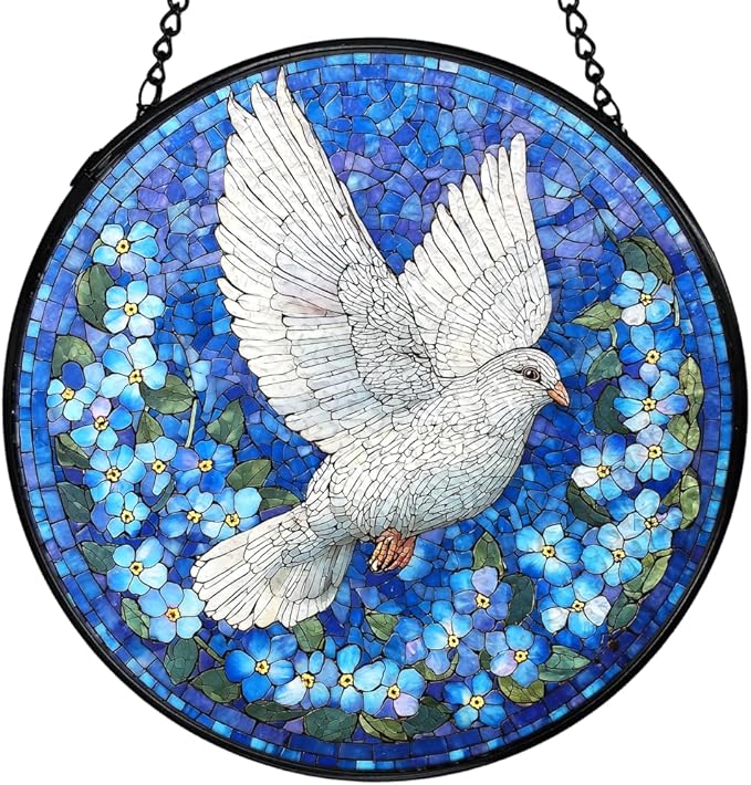 White Dove Bird Suncatchers Stained Glass Window Hanging, Forget Me Not Flower Pigeon Sun Catchers Indoor Window Glass Round Wall Decor, Bird Floral Wall Hanging Decorations, 7.9x7.9in