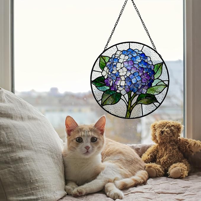 Blue White Hydrangea Flower Stained Glass Window Hanging, Cottagecore Hydrangea Floral Suncatcher Indoor Window Glass Round Wall Art Decor, 7.9x7.9 Inch