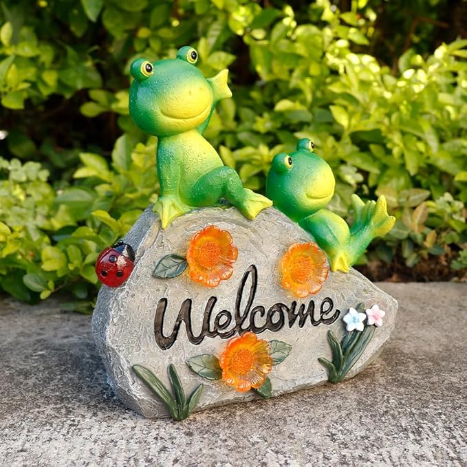 Generic Solar Garden Outdoor Statues Solar Frog Garden Decor Lawn Decor Frog Figurine for Patio with 4 LED Light Cute Frog Face with Solar Lights Gardening Gifts for Mom, Green