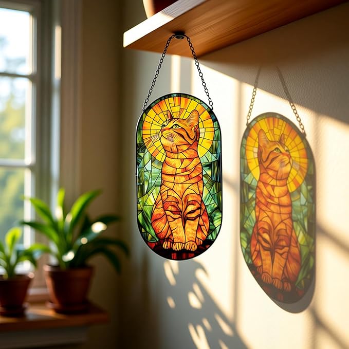 Stained Glass Window Hanging - Oval Orange Cat Sun Catcher, Suncatchers Ornaments Decor for Indoor Cling Garden, Birthday Gifts for Women Men Mom Wife Home Art Decor 7.8in