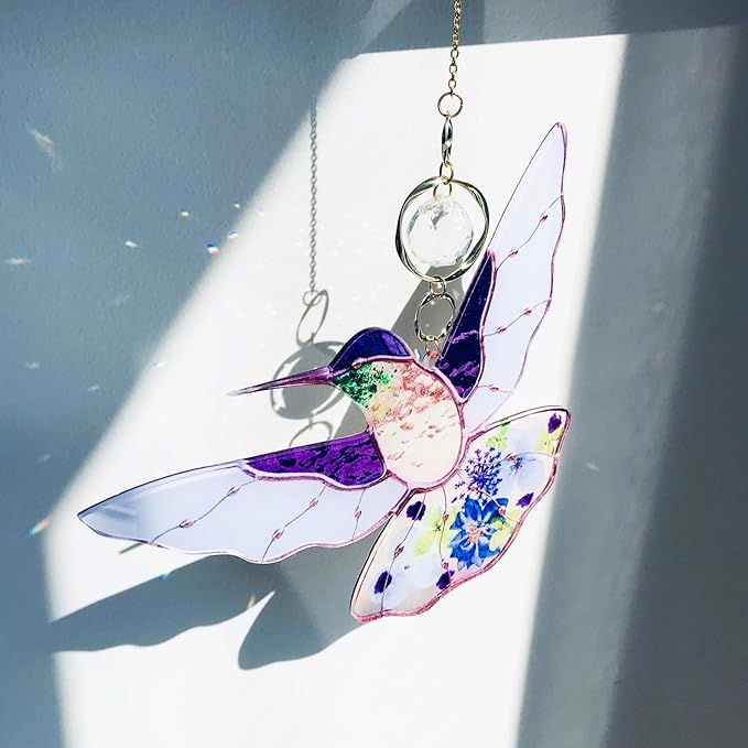 Purple Acrylic Hummingbird Flowers Garden Suncatcher Window Hanging Crystal Prism Rainbow Maker Sun Catcher Ornaments Birthday Christmas Thanksgiving Gifts for Mom Grandma Sister Bird Lovers