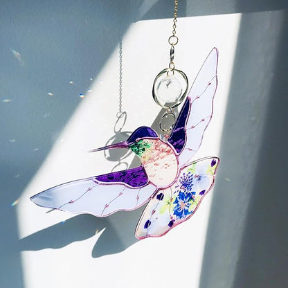 Purple Acrylic Hummingbird Flowers Garden Suncatcher Window Hanging Crystal Prism Rainbow Maker Sun Catcher Ornaments Birthday Christmas Thanksgiving Gifts for Mom Grandma Sister Bird Lovers