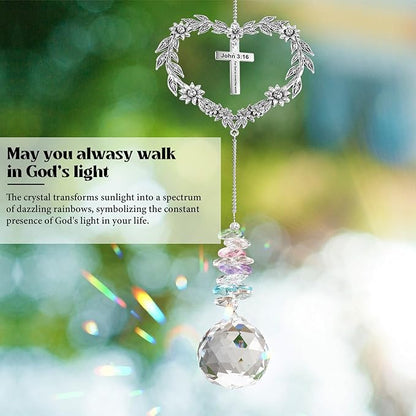 Christian Gifts for Women, Heart Shaped Suncatcher with Cross, John 3:16 Crystal Hanging Ornament, Inspirational Religious Birthday Catholic Spiritual & Baptism Confirmation Gifts for Girls