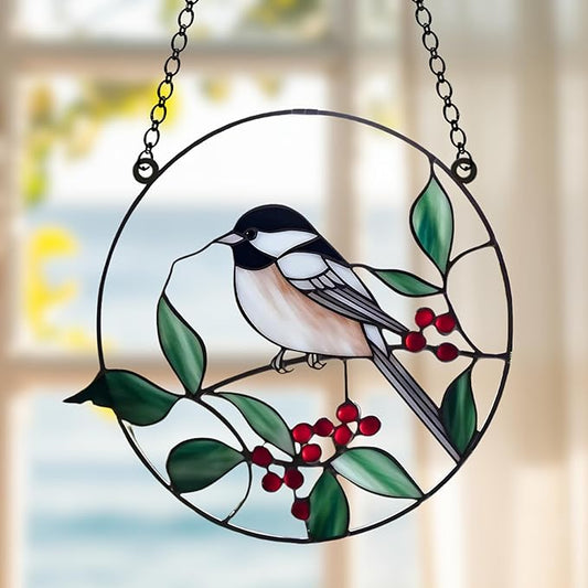 Chickadee Bird Acrylic Suncatcher, Boho Suncatchers for Window Hanging Ornament, Stained Glass Effect Indoor Outdoor Garden Decor for Bird Lover, Gifts for Mother's Day, Mom, Grandma, Wife, Women
