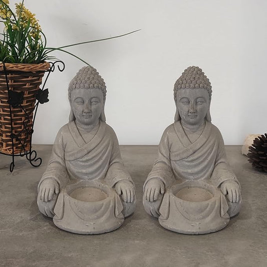 Kante 6.5" H Set of 2 Cement Composite Sitting Buddha Statues Ornament, Natural Concrete Indoor/Outdoor Tabletop Décor