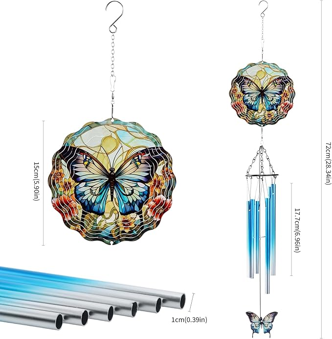 Butterfly Wind Spinner Chimes Outdoor - Hanging Garden Decor with Spinning Butterfly, Metal Wind Chimes for Patio, Yard, Backyard - Birthday Housewarming Gifts for Women/Mom/Grandma