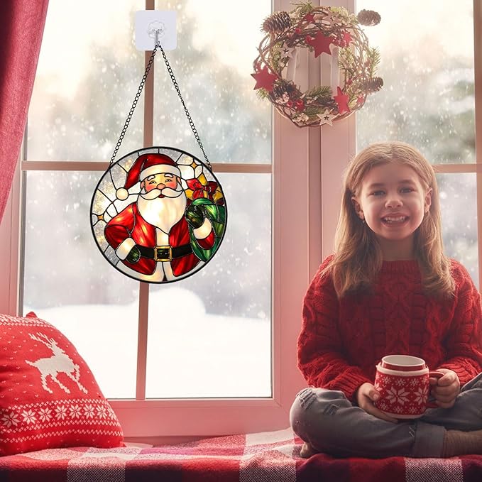 Santa Claus Stained Glass Suncather for Window Hanging, 6.3'' Christmas Ornament Gift for Women, Festive Wall Art Home Decoration Xmas Gift for Mom, Grandma (Red Santa, 6.3'')