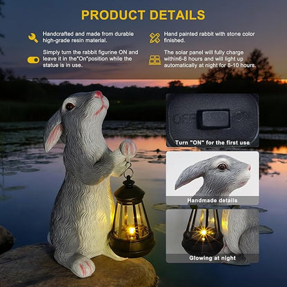 Solar Rabbit Garden Statue with Lights - Whimsical Solar Powered Bunny Figurine for Outdoor Decor, Auto On/Off Waterproof Patio, Yard, Lawn, Balcony Decorations, Unique Gift for Women & Mom