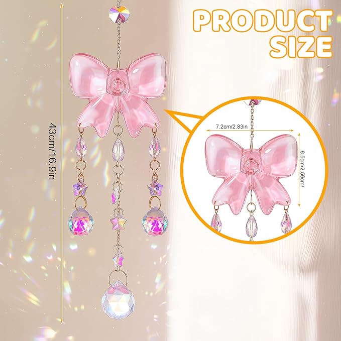 Crystal Suncatchers for Window Pink Bow Ornaments Hanging Clear Wind Chime with Chains for Garden Wedding Girls Mom Room Decor Xmas DIY Gift