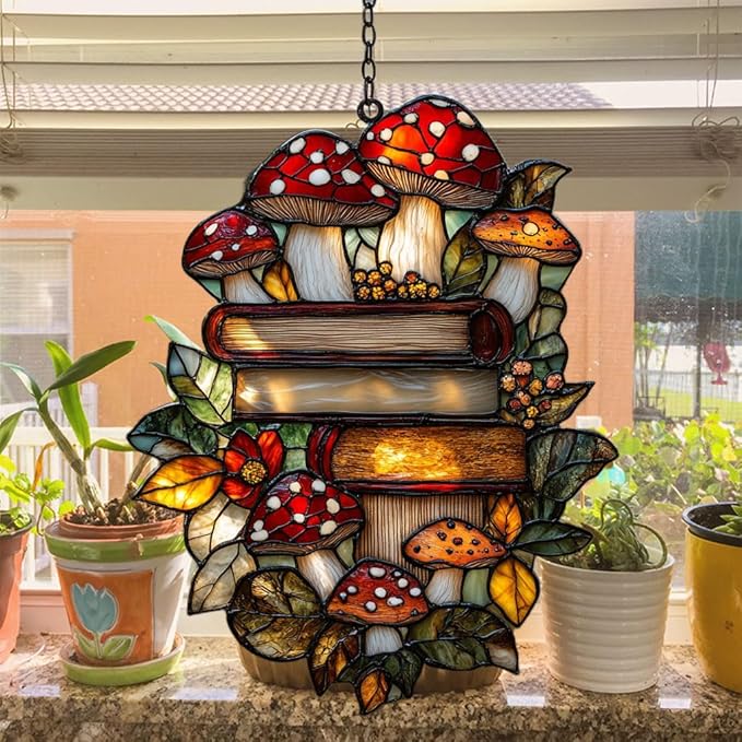 Forest Stack of Books Acrylic Suncatcher Stained Glass Effect Window Car Hanging Christmas Ornament Indoor Outdoor Decor Garden Sun Catcher Panel for Book Lover for Women Mom Grandma