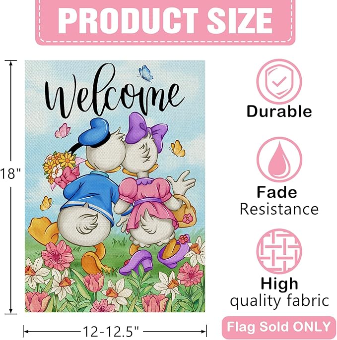 Dyrenson Welcome Spring Summer Cartoon Duck Decorative Garden Flag, Daffodil Daisy Floral Flower Butterfly Yard Outside Home Decorations, Seasonal Burlap Outdoor Small Decor Double Sided 12 x 18