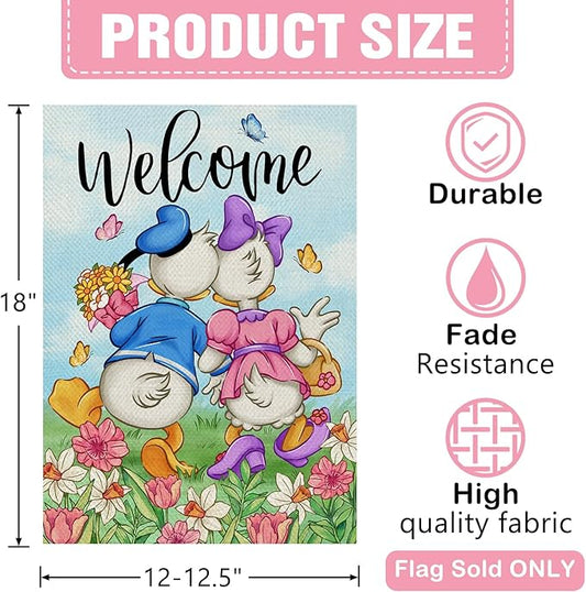 Dyrenson Welcome Spring Summer Cartoon Duck Decorative Garden Flag, Daffodil Daisy Floral Flower Butterfly Yard Outside Home Decorations, Seasonal Burlap Outdoor Small Decor Double Sided 12 x 18