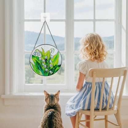 Suncatcher Stained Glass Window Hanging - Flowers Glass Panel with Metal Chain and Hooks Handmade Sun Catcher Decoration for Window Garden Home Christmas & Birthday Gifts (7.8 Inch)