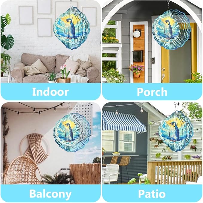 Penguin Wind Spinner, 3D Hanging Stainless Steel Garden Spinner, Wind Spinner Hanging for Outdoor & Indoor Décor, Unique Gifts for Yard Garden Decoration or Patio Décor (Penguin)