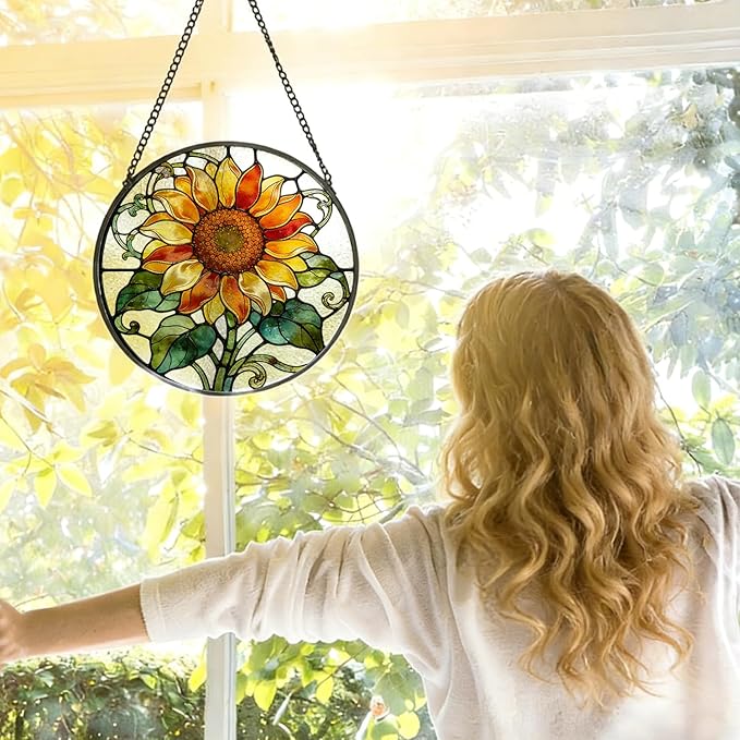 Sunflower Stained Glass Window Hanging, Cottagecore Sunflower Floral Botanical Suncatcher Indoor Window Glass Round Wall Art Decor, 7.9x7.9 Inch