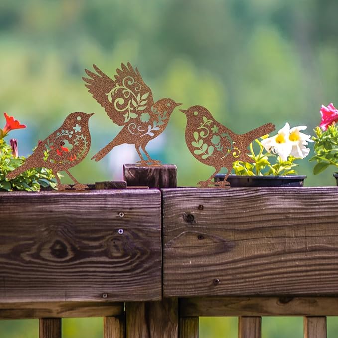 Pigort Metal Birds Fence Decoration,Yard and Garden Decor, Backyard Craft Statue Ornaments - Garden Sculptures and Yard Art