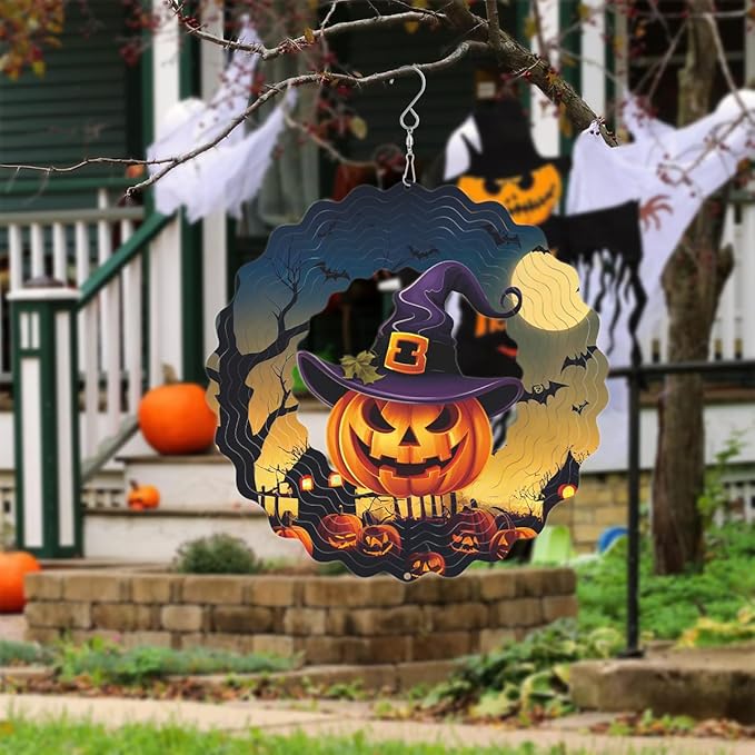 Hanging Halloween Metal Wind Spinner Witch's hat Wind Spinners 3D Hanging Skull Pumpkin Metal Wind Spinner for Halloween Yard Garden Outdoor Indoor Art Decor