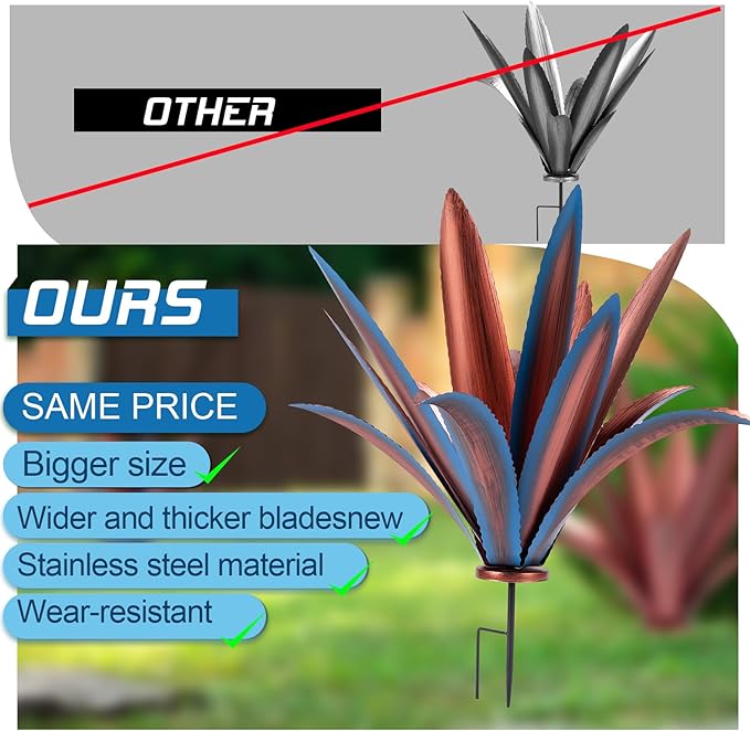 Large Tequila Rustic Sculpture, Rustic Metal Agave Plants for Outdoor Patio Yard Mexican Plant Garden， Agave Outdoor Lawn Ornaments Yard Stakes (Blue1pc)