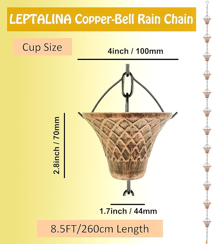8.5FT Bell Iron Rain Chains for Gutter and Rain Barrel, Rust-Resistant Plated Garden Décor for Downspout, Bonus Rain Chain Gutter Adapter (Antique-Copper)