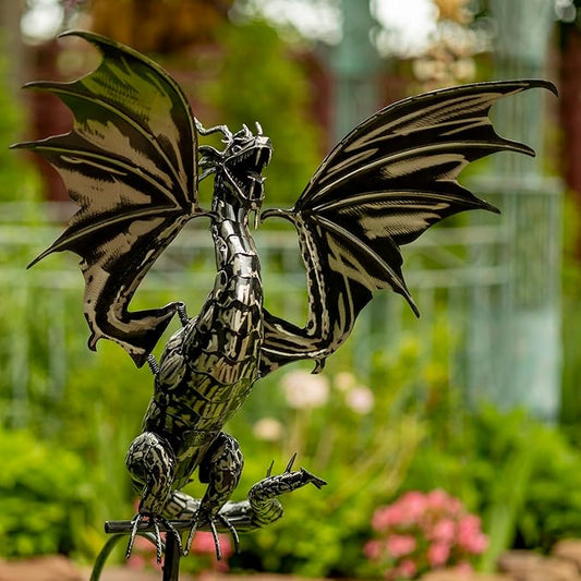 Zaer Ltd. Metal Dragon Rocking Garden Stake, Kinetic Wind Decor, Metallic Black Finish, Moving Wings (Tail to The Side Dayfyre)