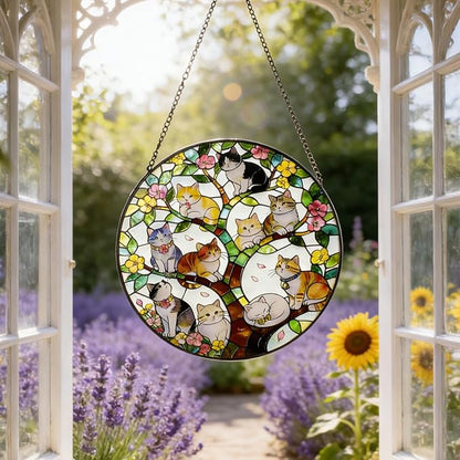 Stained Glass Window Hanging - A Few Kittens in Colorful Tree of Life on a Branch Suncatcher for Doors Home Decoration and Christmas, Mother's Day Birthday for Women Men Mom 7.8 * 7.8 inch