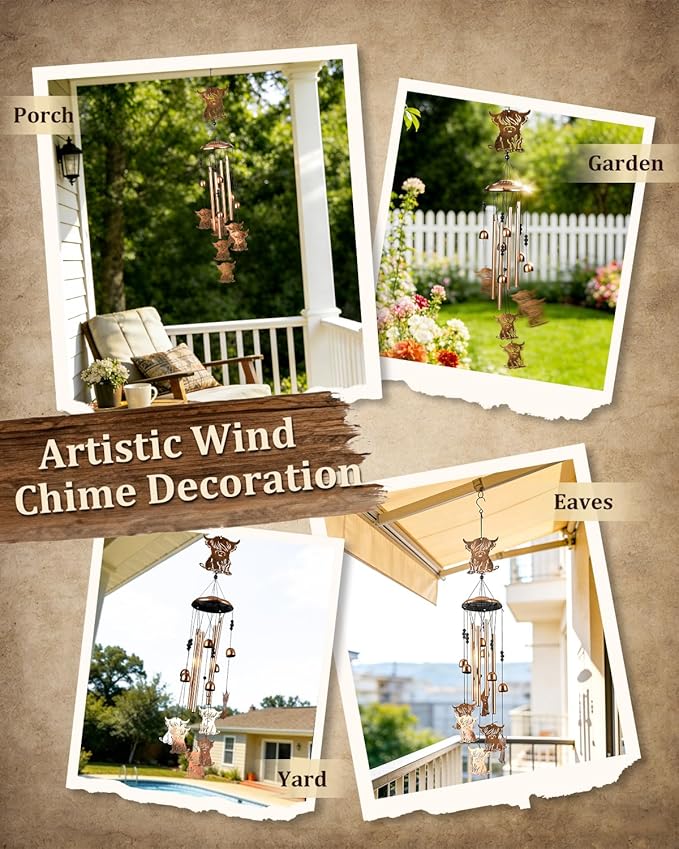 Highland Cow Wind Chimes Outdoor Decor Highland Cow Birthday Gifts for Women Mom Sister 34 Inch Metal Windchimes for Outside Porch, Garden, Yard Decoration