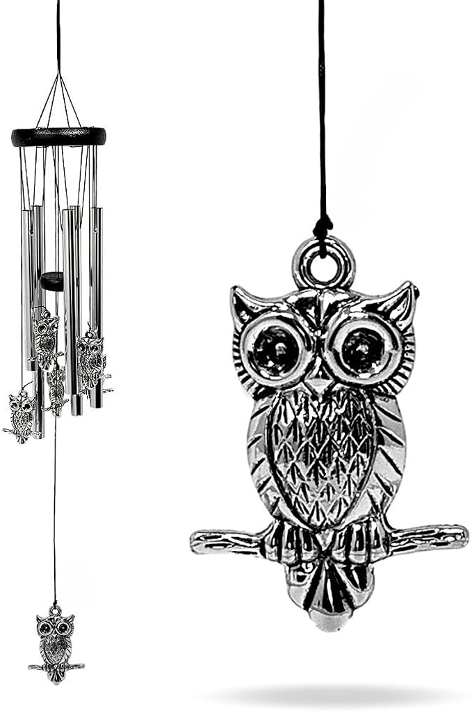 Owl Windchimes - Silver Metal Owls - Mobile Musical Wind Chime - Porch Deck Garden - 26" Long