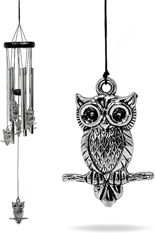 Owl Windchimes - Silver Metal Owls - Mobile Musical Wind Chime - Porch Deck Garden - 26" Long