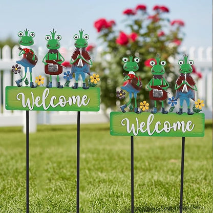 Frog Garden Stakes Decorative Large 41.7inch with Welcome Yard Sign, Whimsical Musical Frogs for Garden Decor Metal Yard Art Outdoor